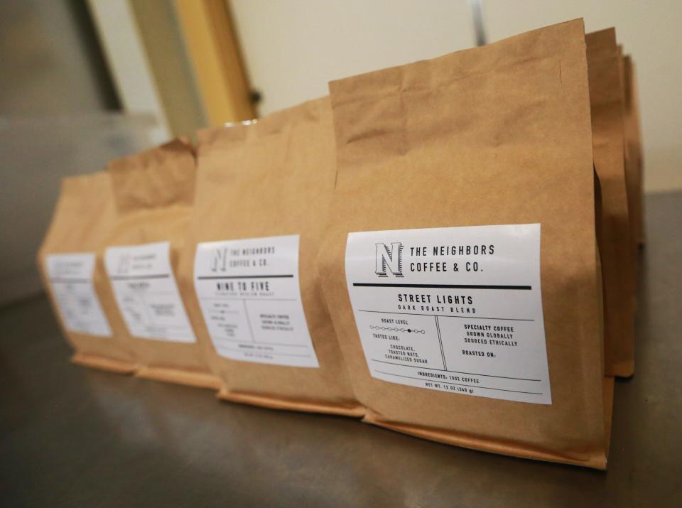 Taunton resident Rachel Correia, owner of the Neighbors Coffee and Co., preps a batch of fresh-roasted coffee at the Dartmouth Grange 126 community kitchen on Wednesday, Sept. 21, 2022.