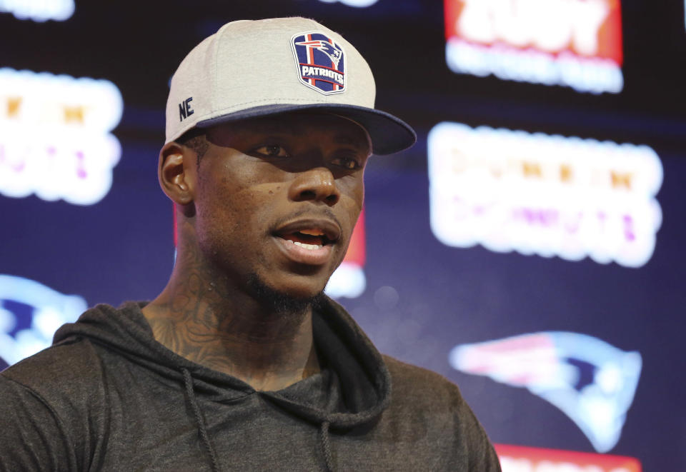 New England Patriots wide receiver Josh Gordon speaks to the media following an NFL football game against the Miami Dolphins, Sunday, Sept. 30, 2018, in Foxborough, Mass. (AP Photo/Elise Amendola)