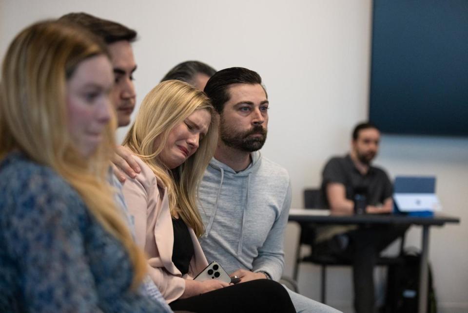 Kaitlyn Kash cries after giving her testimony to the Texas Medical Board at the Full Board Meeting in the George H.W. Bush Building in Austin, Texas on Mar. 22, 2024. Public comment was opened to attendees following the discussion by the board.