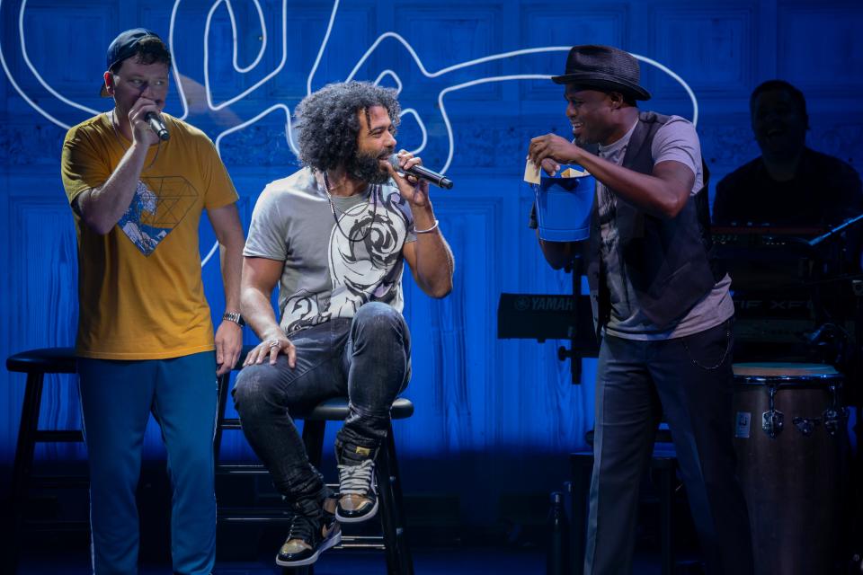 Chris Sullivan, Daveed Diggs and Wayne Brady in "Freestyle Love Supreme" at the Booth Theatre.