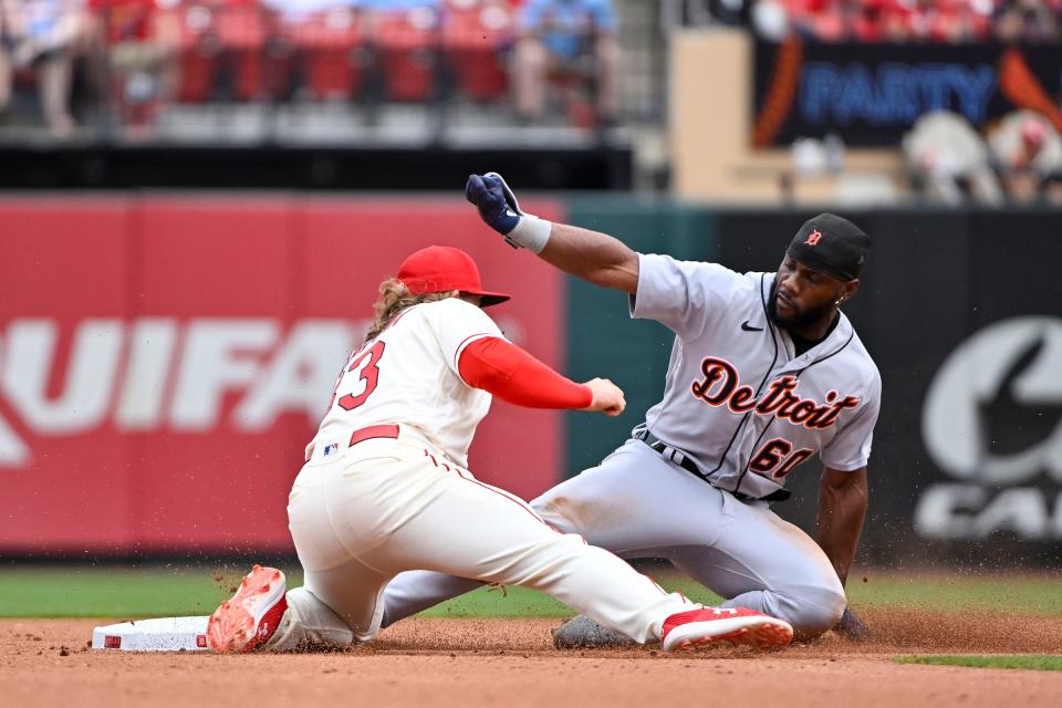 Detroit Tigers left fielder Akil Baddoo steals second base as St. Louis Cardinals second baseman Brendan Donovan (33) applies the tag during the fifth inning at Busch Stadium on May 6, 2023 in St. Louis, Missouri
