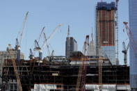 Construction cranes surround the base of the 30 Hudson Yards building, Wells Fargo & Co.'s future offices on Manhattan's west side in New York March 22, 2016. REUTERS/Brendan McDermid