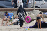 A Muslim woman wears a burkini, a swimsuit that leaves only the face, hands and feet exposed, on a beach in Marseille, France, August 17, 2016. REUTERS/Stringer