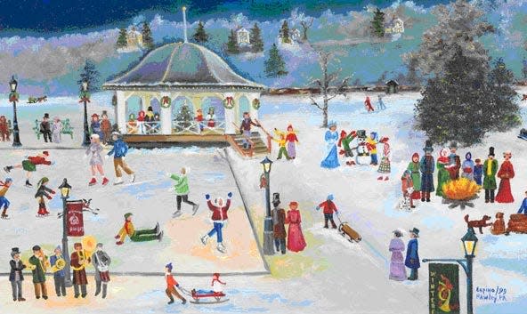 Bingham Park, Hawley, pictured here by Hawley artist Juan Espino several years ago, features a bonfire, hot chocolate and "visitors from the North Pole" where pictures can be taken at the bandstand with children Saturday, Dec. 9, 2023, during Winterfest. If it is cold enough, the borough ice skating rink may be available. The park event immediately follows the Winterfest parade up Main Avenue, which begins at 11 a.m. and concludes at the park. Be sure to wave for Santa in the parade.