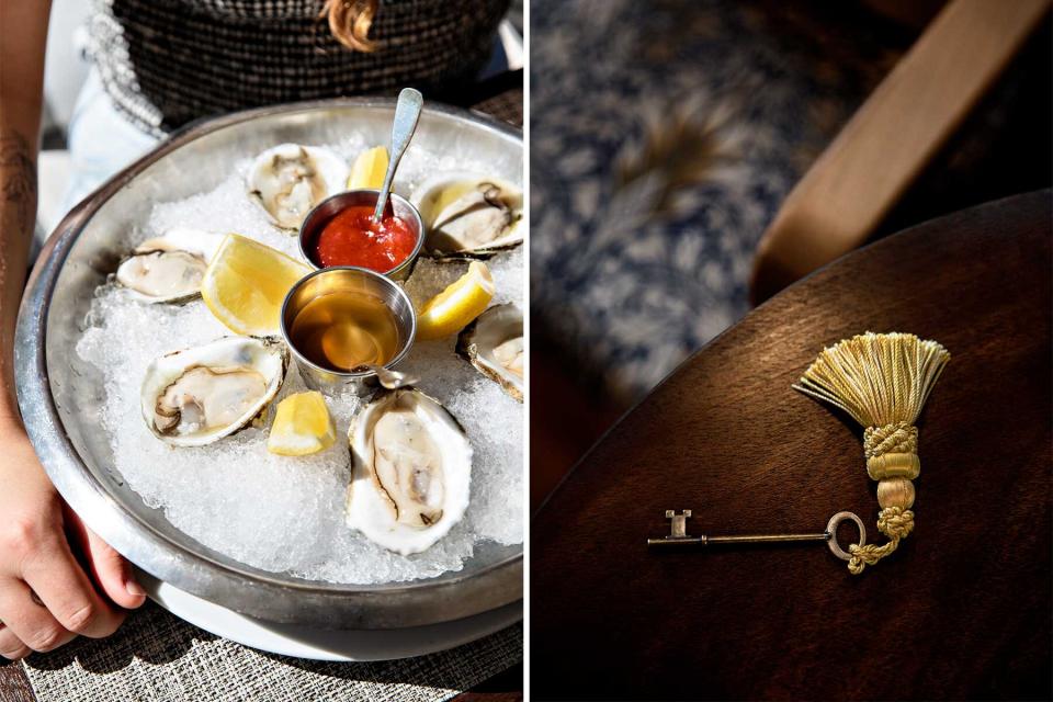 Two photos from Nantucket hotels, including an image of oysters on ice, and a tasseled key