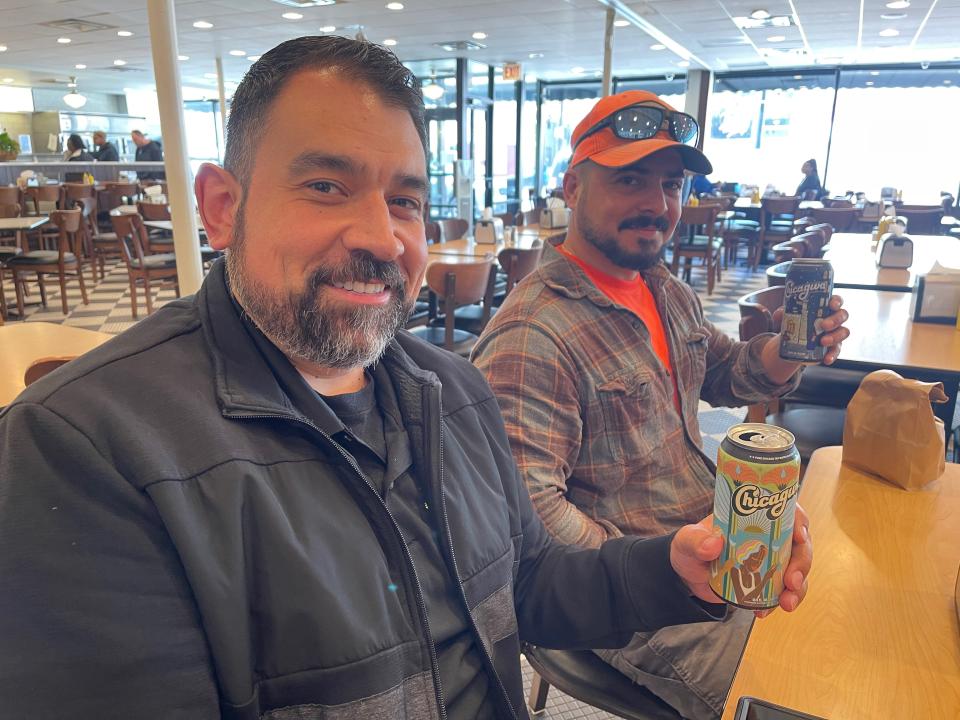 Arturo Hurtado and Rich Franco sip Chicagwa at Manny's Deli. (Mark Konkol/Patch)