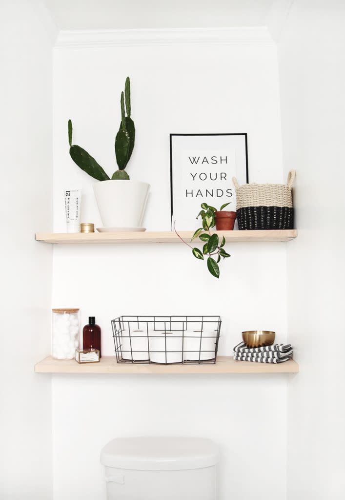 diy wood shelves over toilet