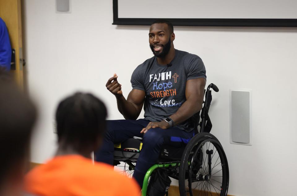 Patric Young speaking to the Gators men's basketball team on Sept. 20, 2022, at the Florida Basketball Practice Complex in Gainesville.