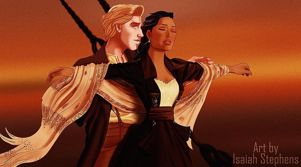 <p>In diesem Bild übernehmen John Smith und Pocahontas die Rollen von Leo und Kate Winslet. Ganz natürlich fügen sich die Indianerprinzessin und der Entdecker in die Szene ein – fern aller dramatischen Entwicklungen stehen die Verliebten am Bug der Titanic und schippern vergnügt über das Meer.</p>