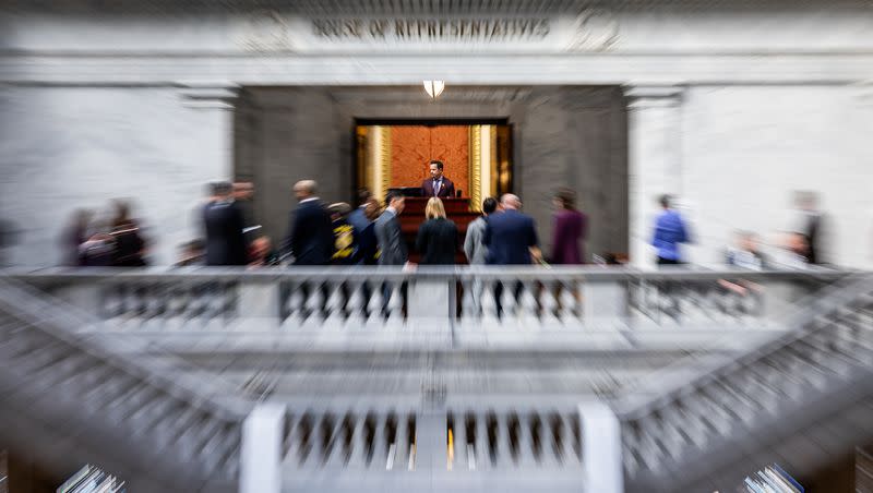 House Speaker Brad Wilson, R-Kaysville, is seen through the open doors of the House Chamber at the Capitol in Salt Lake City on Feb. 24, 2023, in this photograph made with a slow shutter speed. The 2024 session start next week.