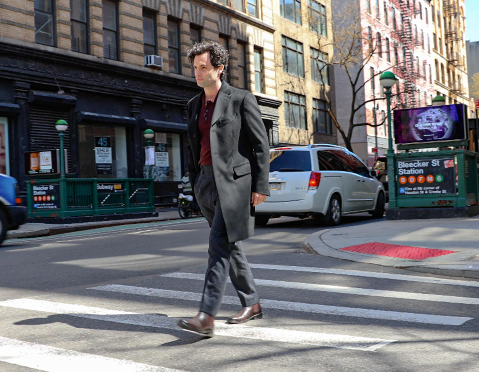 NEW YORK, NY - MARCH 25: Penn Badgley is seen on the film set of 'You' season 5 TV Series on March 25, 2024 in New York City. (Photo by Jose Perez/Bauer-Griffin/GC Images)