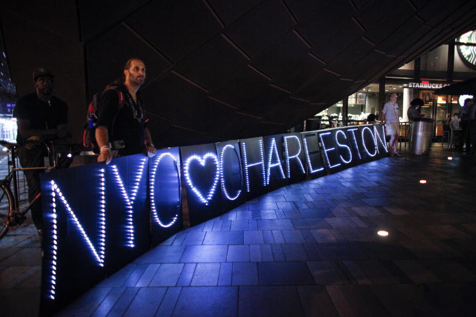 This display was shown during an interfaith candlelight vigil outside Barclays Center on June 21, 2015 in the Brooklyn borough of New York City. 