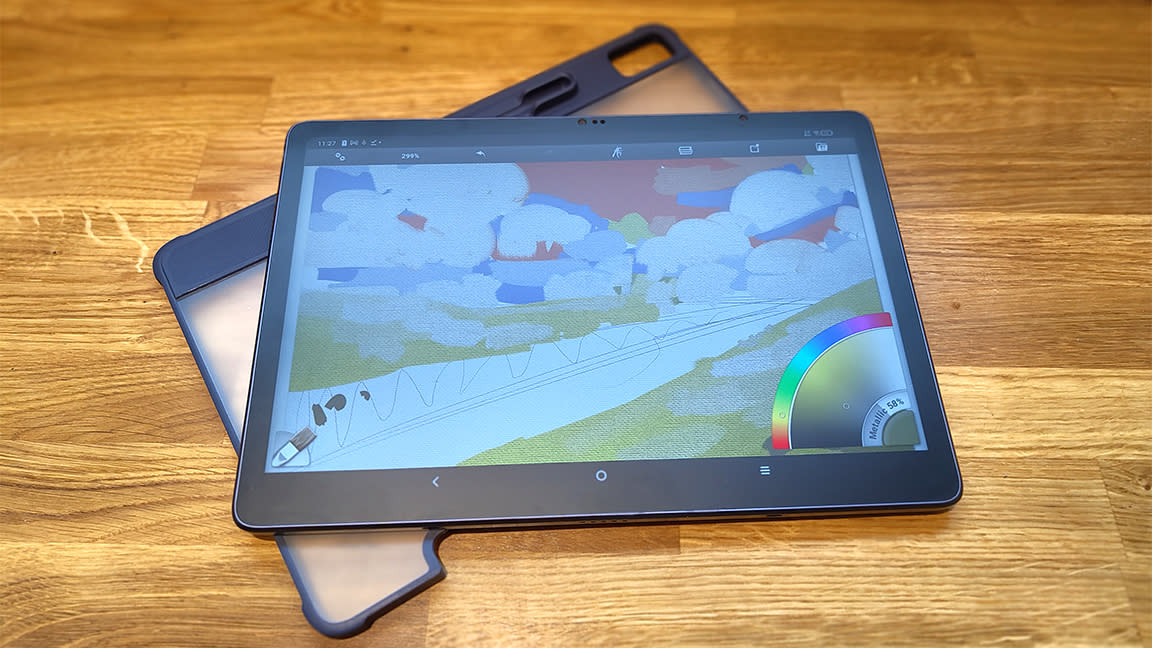  XPPen Magic Drawing Pad; a tablet on a wood table with clear case. 