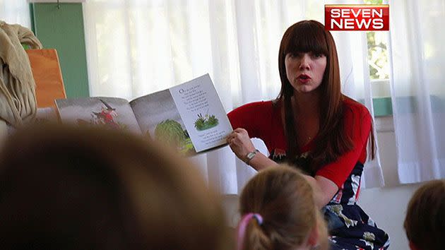 Kate Morton reads to students at her sons' school.