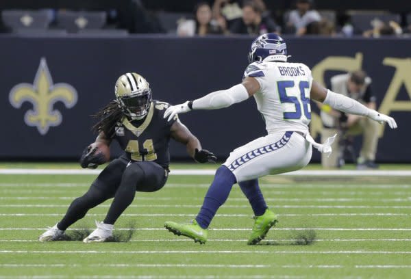 Running back Alvin Kamara (L) and the New Orleans Saints will face the New England Patriots on Sunday in Foxborough, Mass. File Photo by AJ Sisco/UPI