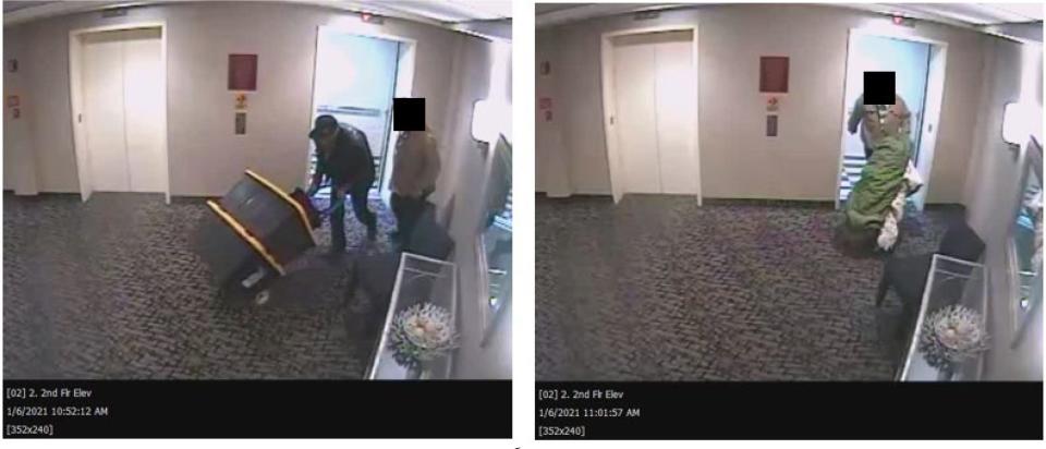 Edward Vallejo, 63, of Phoenix, left, is shown with an unidentified colleague wheeling containers of what federal prosecutors allege were firearms, ammunition and essential supplies into a Comfort Inn in Northern Virginia on Jan. 5, 2021. The images were taken from a surveillance camera included in federal government&#x002019;s memo Jan. 18, 2022, arguing for Vallejo&#39;s detention while awaiting trial for his role in the Jan. 6 attack on the Capitol.