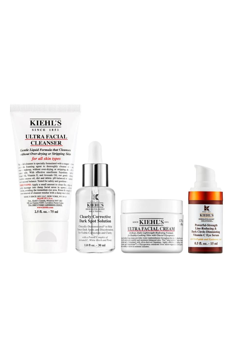 <p>Brighten up dark spots and your complexion with the <span>Kiehl's Brighten Up &amp; Glow Skin Care Set</span> ($60, originally $92). It contains a travel-size Ultra Facial Cleanser, a full-size Clearly Corrective Dark Spot Solution Face Serum, a full-size Ultra Facial Cream, and a full-size Powerful-Strength Dark Circle Reducing Vitamin C Eye Serum.</p>