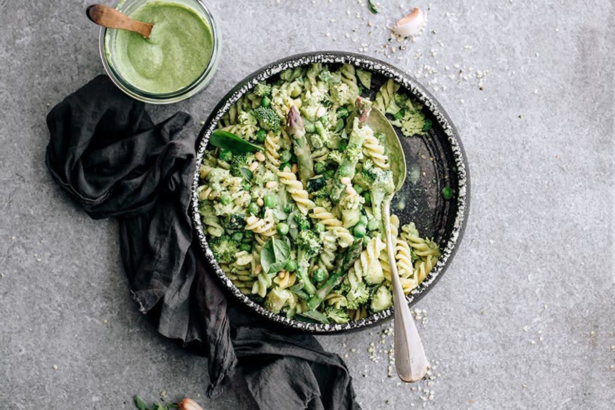 <p>Nutriciously</p><p>An easy creamy vegan pesto pasta that's low in fat and completely oil-free! By using white bean pesto and vegetables along with whole grain pasta, this dish is very high in fiber and nutrients. An easy and comforting dinner that's perfect for meal prep and can also be eaten cold!</p><p><strong>Get the Recipe: </strong><a href="https://nutriciously.com/vegan-pesto-pasta/" rel="nofollow noopener" target="_blank" data-ylk="slk:Creamy Vegan Pesto Pasta;elm:context_link;itc:0;sec:content-canvas" class="link rapid-noclick-resp"><strong>Creamy Vegan Pesto Pasta</strong></a></p>