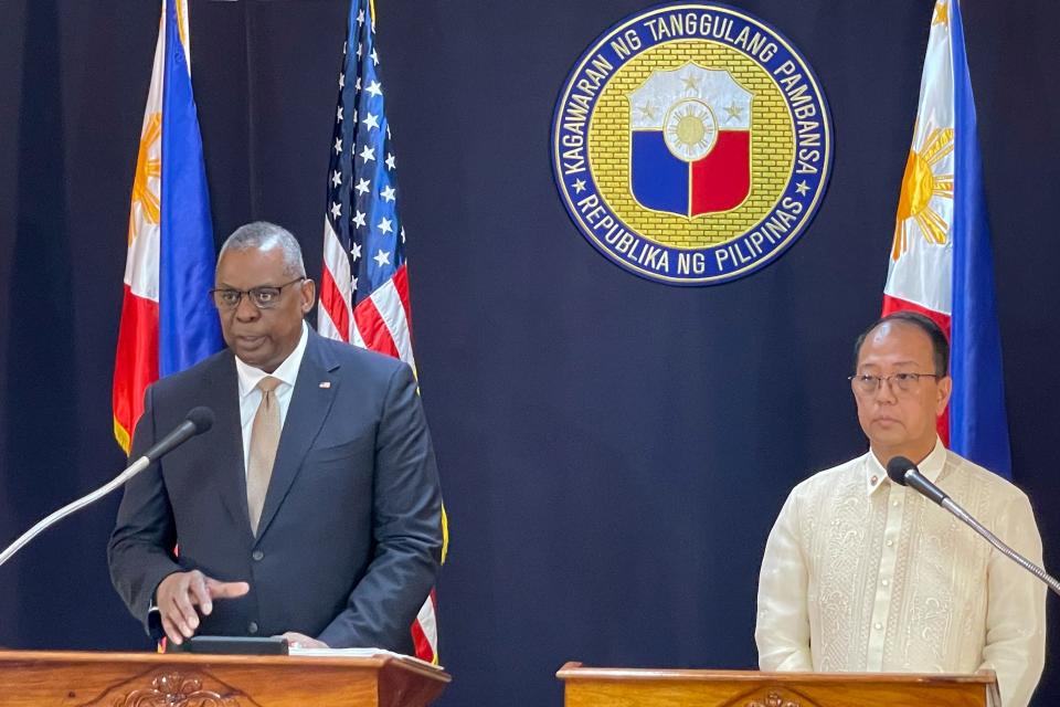 U.S. Defense Secretary Lloyd Austin III (L) talks beside his Philippine counterpart, Carlito Galvez Jr. at a joint press conference in Camp Aguinaldo military headquarters on February 2, 2023 at the Malacanang Palace in Manila, Philippines.