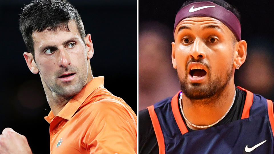 Novak Djokovic and Nick Kyrgios, pictured here on the tennis court.