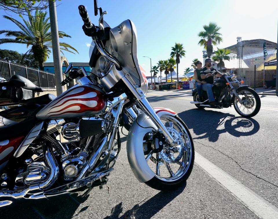 Chrome, steel and immaculate paint jobs can be seen all along Main Street on the opening day of Biketoberfest in Daytona Beach. The four-day event runs through Sunday.