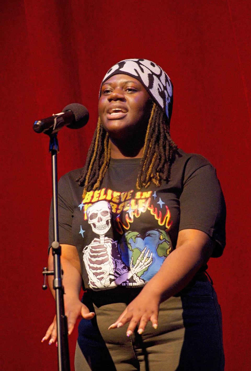 Salandra Singleton, 17, of Miami Norland Senior High School, performs at Young Talent Big Dreams 2024 finals on the Actors’ Playhouse stage in Coral Gables on May 11, 2024. Salandra won the Individual Original Spoken Word category for her performance of her composition.