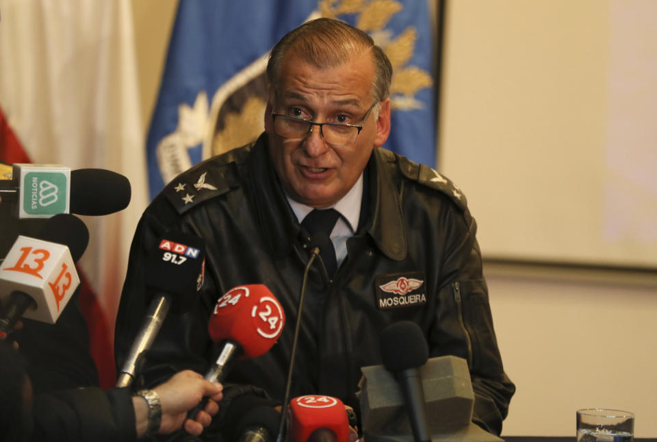 Air Force Gen. Eduardo Mosqueira speaks during a news conference at his headquarters in Punta Arenas, Chile, Wednesday, Dec. 11, 2019. Chilean officials say they've found debris believed to be from a transport plane that vanished en route to Antarctica. (AP Photo/Fernando Llano)