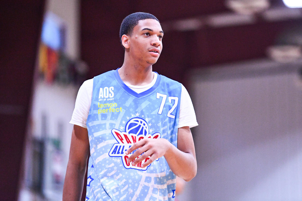 Jalen Hooks, a 6-foot-7 junior from Indiana, has committed to Kanye West's Donda Academy. Hooks has offers from Kansas, Michigan State, Purdue, Illinois and more. (Brian Rothmuller/Icon Sportswire via Getty Images)