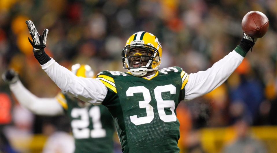 Nick Collins celebrates his interception against the Chicago Bears on Jan. 2, 2011, that clinched a playoff spot for the Packers.