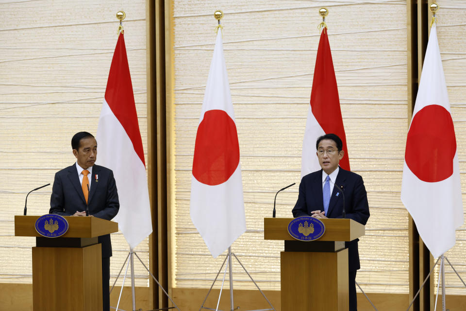 Indonesian President Joko Widodo, left, and Japan's Prime Minister Fumio Kishida attend a joint news conference at the prime minister's official residence in Tokyo Wednesday, July 27, 2022. (Kiyoshi Ota/Pool Photo via AP)