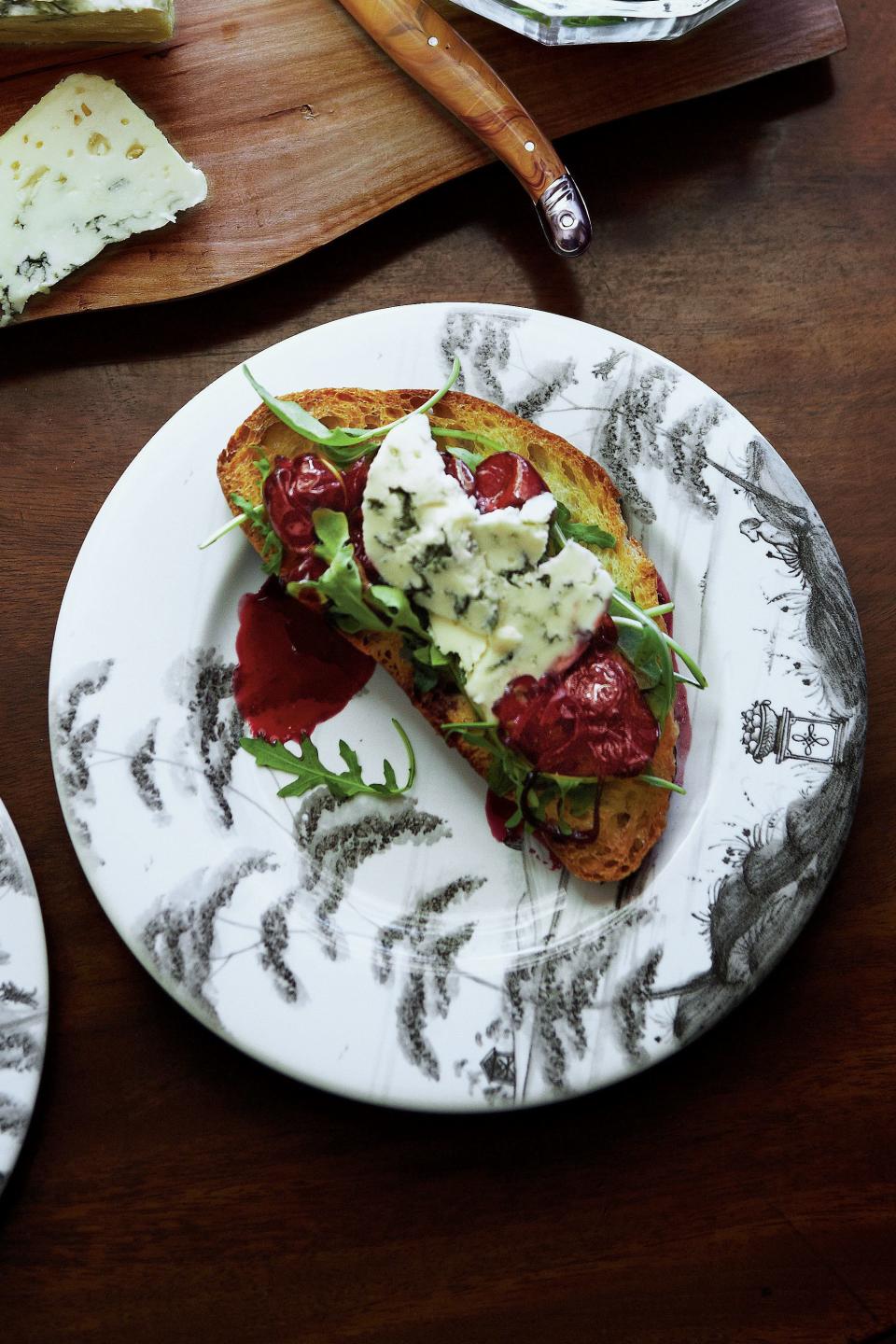 Honey-Rosemary Cherries and Blue Cheese Crostini