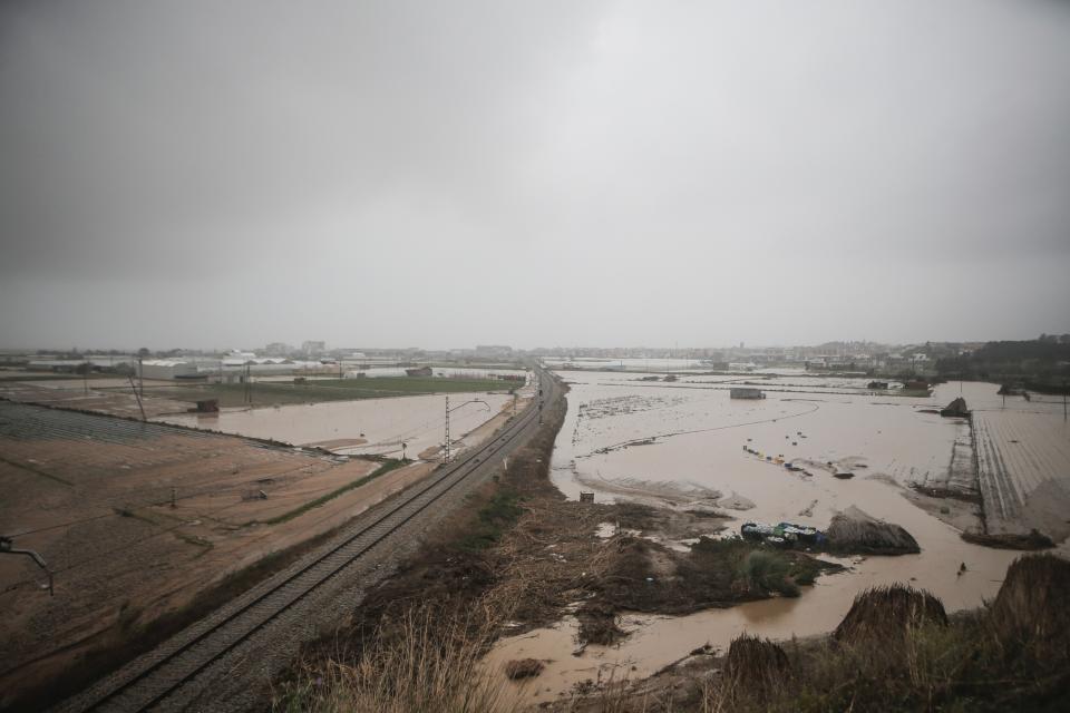 View of a flooded area due a heavy rain in Malgrat, near Barcelona, Spain, Wednesday, Jan. 22, 2020. Since Sunday the storm has hit mostly eastern areas of Spain with hail, heavy snow and high winds, while huge waves smashed into towns on the Mediterranean coast and nearby islands of Mallorca and Menorca. (AP Photo/Joan Mateu)