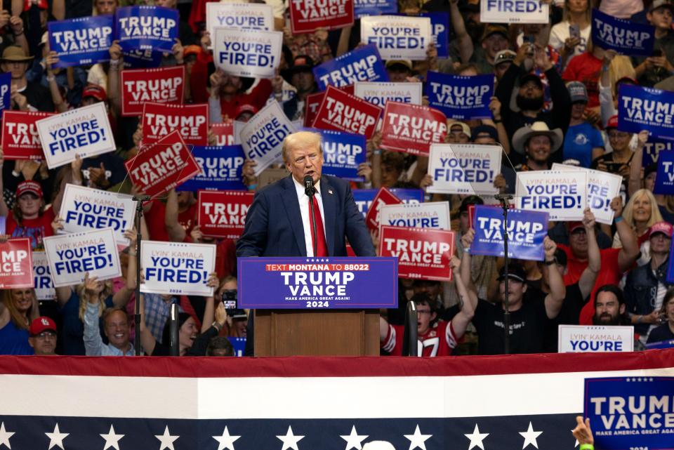 Republican presidential nominee former President Donald Trump speaks at a campaign rally in Bozeman, Mont., Friday, Aug. 9, 2024 (AP)