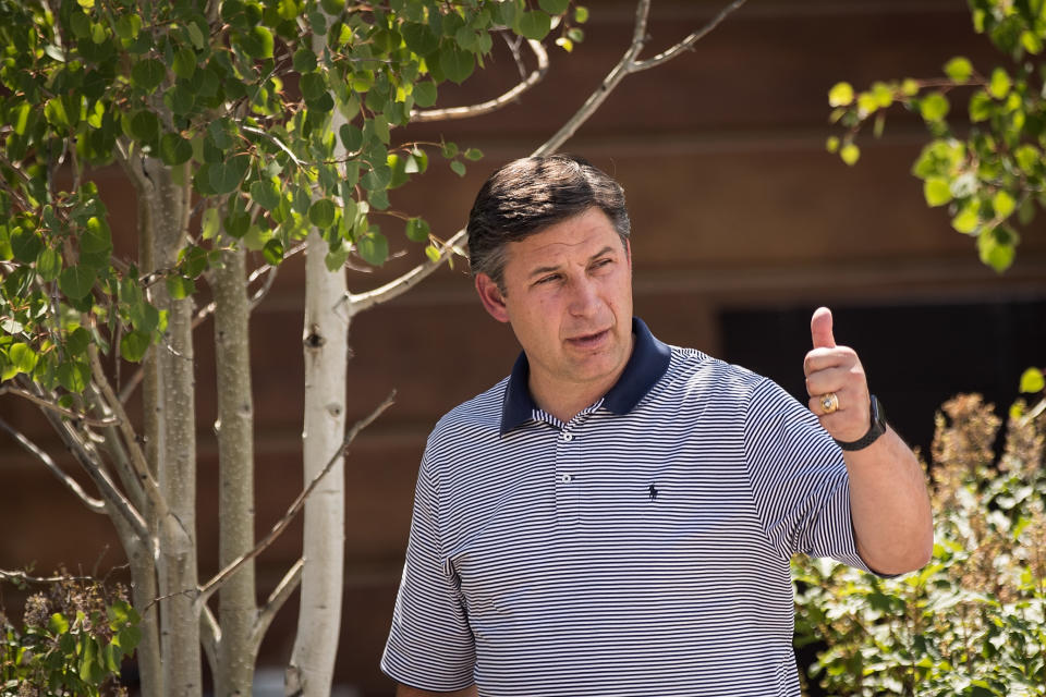 SUN VALLEY, ID - JULY 11: Anthony Noto, chief financial officer of Twitter, gives the thumbs up on the first day of the annual Allen & Company Sun Valley Conference, July 11, 2017 in Sun Valley, Idaho. Every July, some of the world's most wealthy and powerful businesspeople from the media, finance, technology and political spheres converge at the Sun Valley Resort for the exclusive weeklong conference. (Photo by Drew Angerer/Getty Images)