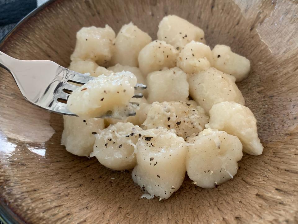 A bowl of Trader Joe's cauliflower gnocchi