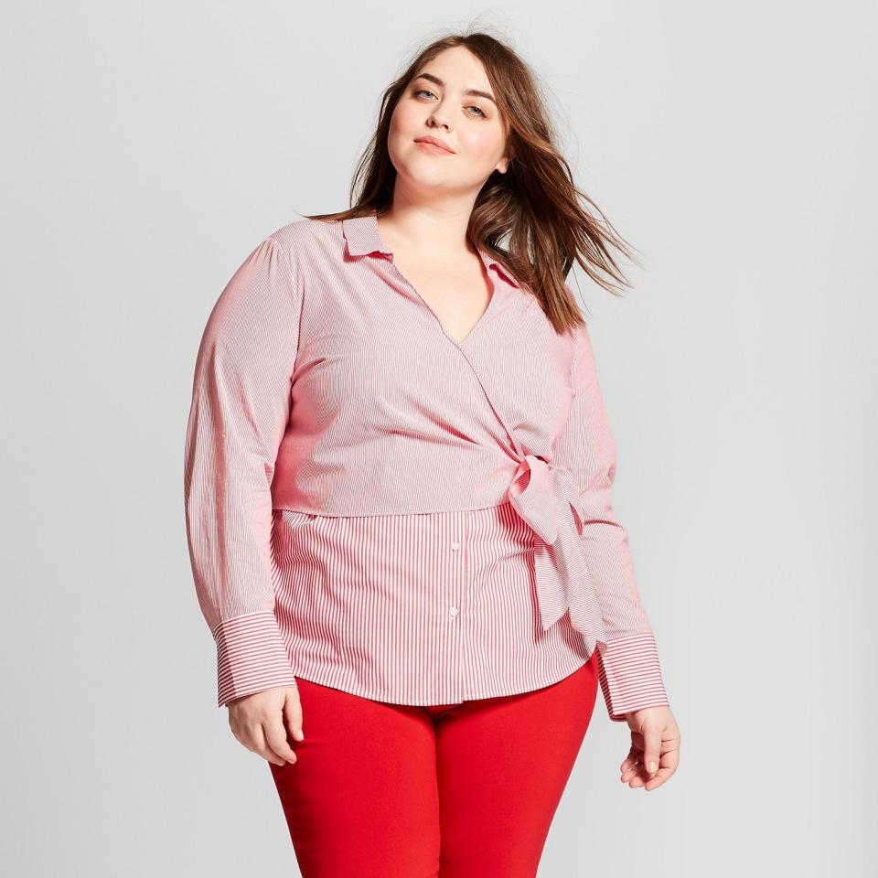 Get it <a href="https://www.target.com/p/women-s-plus-size-striped-long-sleeve-contrast-wrap-shirt-who-what-wear-153-pink/-/A-53170609#lnk=sametab" target="_blank">here</a>.&nbsp;