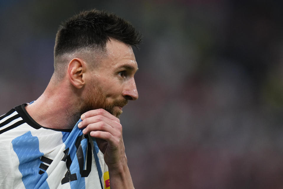 Argentina's Lionel Messi reacts during the World Cup semifinal soccer match between Argentina and Croatia at the Lusail Stadium in Lusail, Qatar, Tuesday, Dec. 13, 2022. (AP Photo/Petr David Josek)