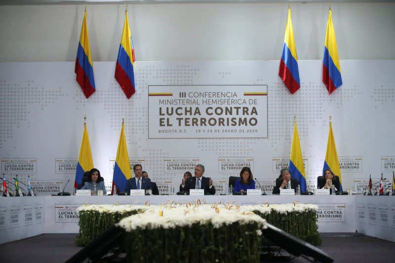 Colombia's President Ivan Duque and Venezuelan opposition leader Juan Guaido, who many nations have recognised as the country's rightful interim ruler, attend an anti-terrorism meeting in Colombia