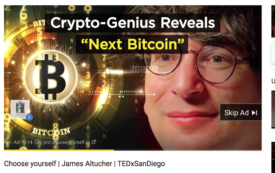 This is an ad for James Altucher on a video of James Altucher. (Screenshot: Yahoo Finance)