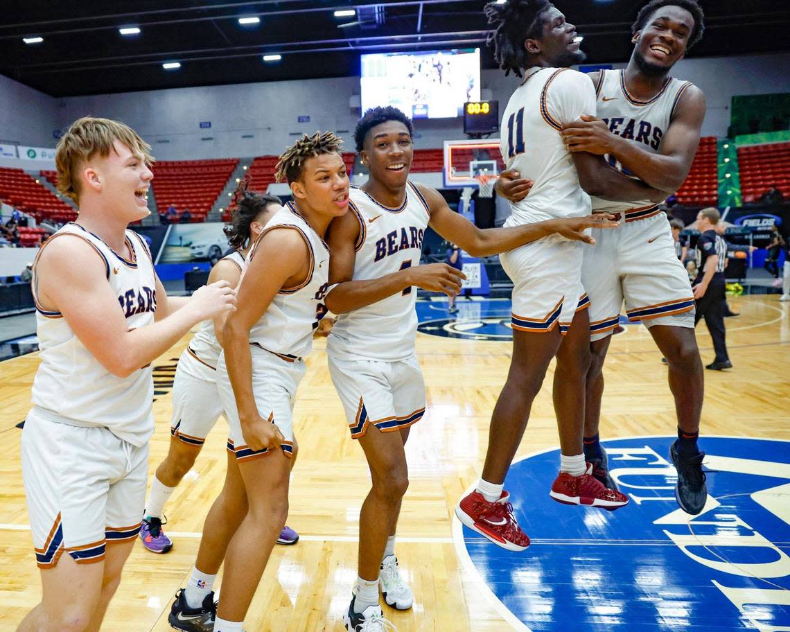 Mater Lakes Academy players celebrate after defeating The Villages Charter during the FHSAA Class 4A State Championship at the RP Funding Center in Lakeland, Florida on Saturday, March 4, 2023.