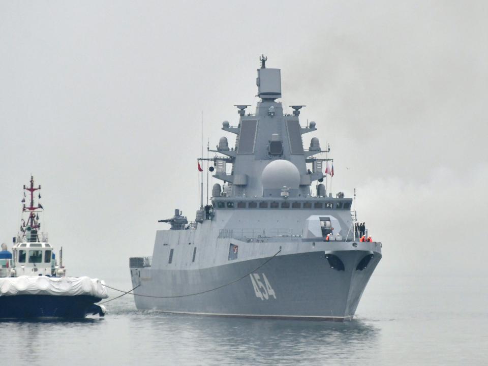 Russian Navy's guided missile frigate Admiral Gorshkov arrives in the port city of Qingdao, east China's Shandong Province, April, 21, 2019, to join multinational naval events commemorating the 70th anniversary of the founding of the Chinese People's Liberation Army Navy.