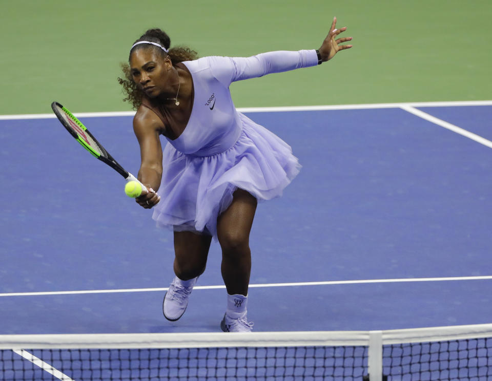 Serena Williams returns a shot at the net against Anastasija Sevastova, of Latvia, during the semifinals of the U.S. Open tennis tournament, Thursday, Sept. 6, 2018, in New York. (AP Photo/Frank Franklin II)