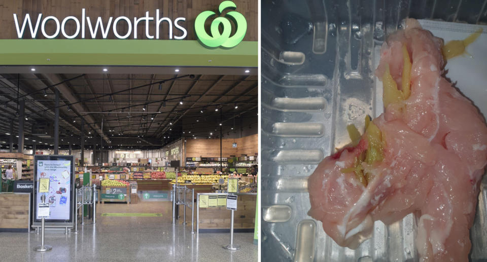 Left, outside of a Woolworths store. Right, the raw chicken has the greeny-beige stalks on it. 
