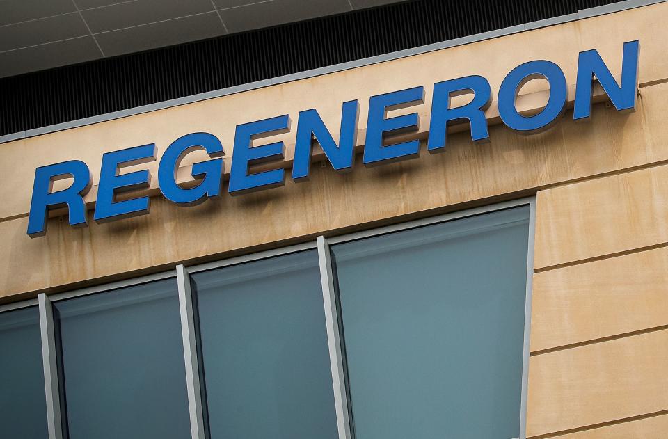 The Regeneron Pharmaceuticals company logo is seen on a building at the company's Westchester campus in Tarrytown, New York, U.S. September 17, 2020. Picture taken September 17, 2020. REUTERS/Brendan McDermid