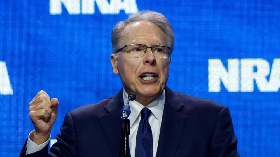 PHOTO: NRA Executive Vice President and CEO Wayne LaPierre speaks at the National Rifle Association annual convention in Indianapolis, April 14, 2023. (Evelyn Hockstein/Reuters, FILE)