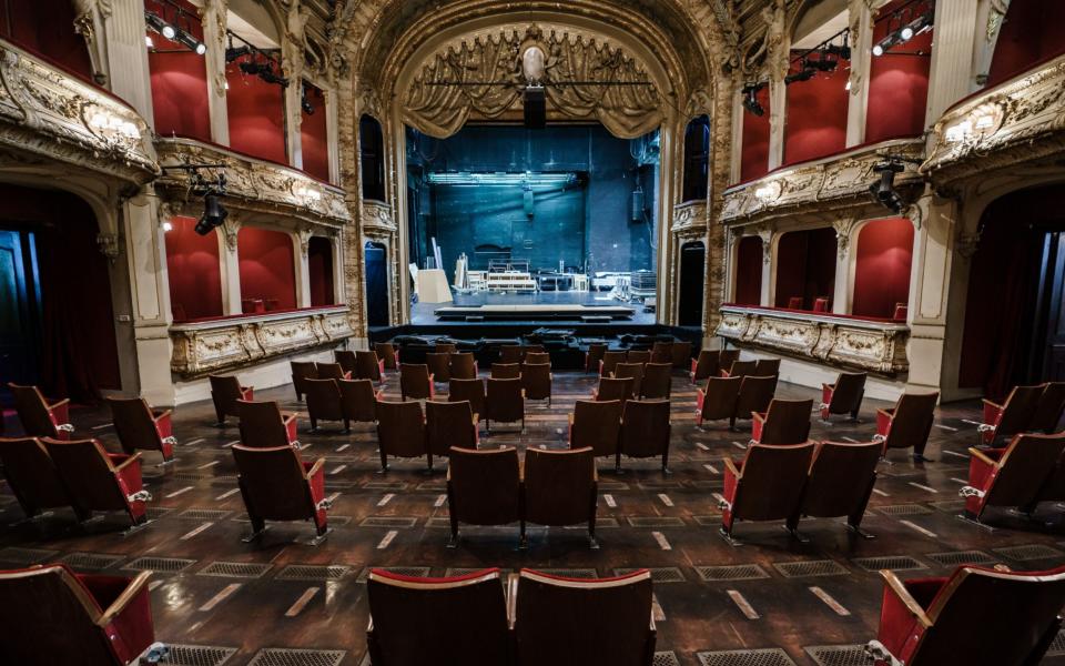 Mandatory Credit: Photo by CLEMENS BILAN/EPA-EFE/Shutterstock (10668236r) The seating area of the Berliner Ensemble theater shows gaps of removed seats due to coronavirus measures in Berlin, Germany, 03 June 2020. Preparations for a step by step reopening of the Berliner Ensemble (BE) theater are running. For providing distance between spectators, numerous seats have been removed. From 10 June 2020, a couple of theater performances are going to be presented open air in the yard of the Berliner Ensemble theater. Rehearsals for the premiere of Ferdinand von Schirach's 'Gott', under the the direction of dramatic advisor Oliver Reese will begin this week. The premiere is planned for 10 September 2020. Preparations for reopening of the Berliner Ensemble, Berlin, Germany - 03 Jun 2020 - CLEMENS BILAN/EPA-EFE/Shutterstock