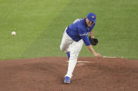 Toronto Blue Jays starting pitcher Yariel Rodriguez works against Colorado Rockies during the fourth inning of a baseball game in Toronto, Saturday, April 13, 2024. (Chris Young/The Canadian Press via AP)