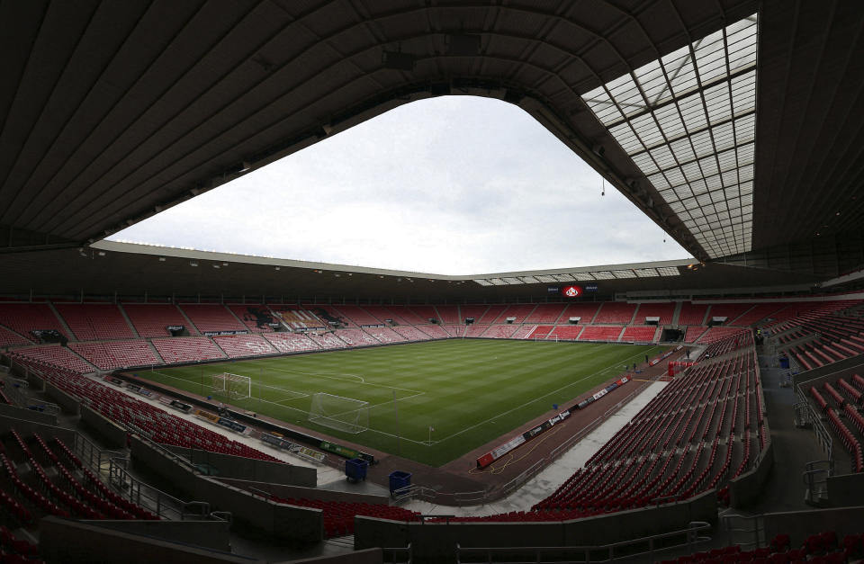 FILE - A general view of the Stadium of Light ahead of the English Premier League soccer match between Sunderland and West Bromwich Albion, in Sunderland, England, Wednesday, May 7, 2014. Sunderland has scored a spectacular own-goal well before its FA Cup showdown with archrival Newcastle. The second-tier club apologized to its fans after a bar at the Stadium of Light was rebranded in Newcastle colors and banners ahead of Saturday’s derby. (AP Photo/Scott Heppell, File)