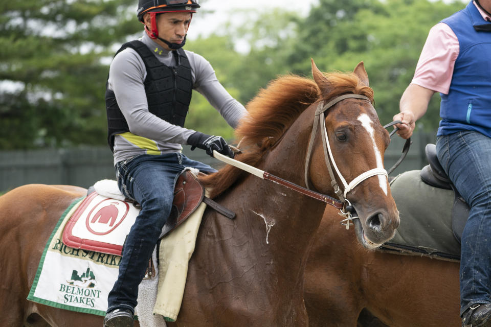 Rich Strike walks off the track after training before the 154th running of the Belmont Stakes horse race, Thursday, June 9, 2022, in Elmont, N.Y. (AP Photo/John Minchillo)