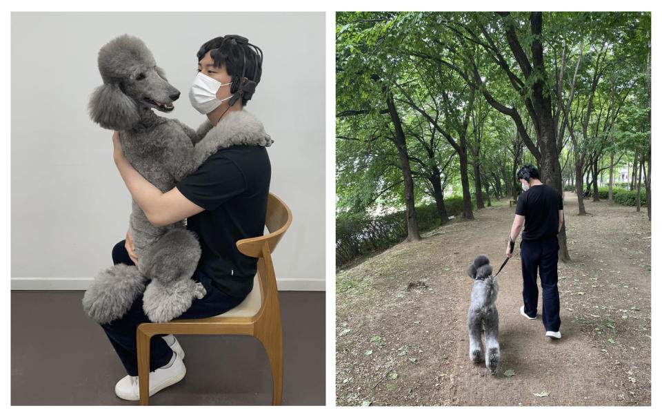 A study participant interacts with a poodle named Aro. (Courtesy of Onyoo Yoo et al., 2024, PLOS ONE, CC-BY 4.0)